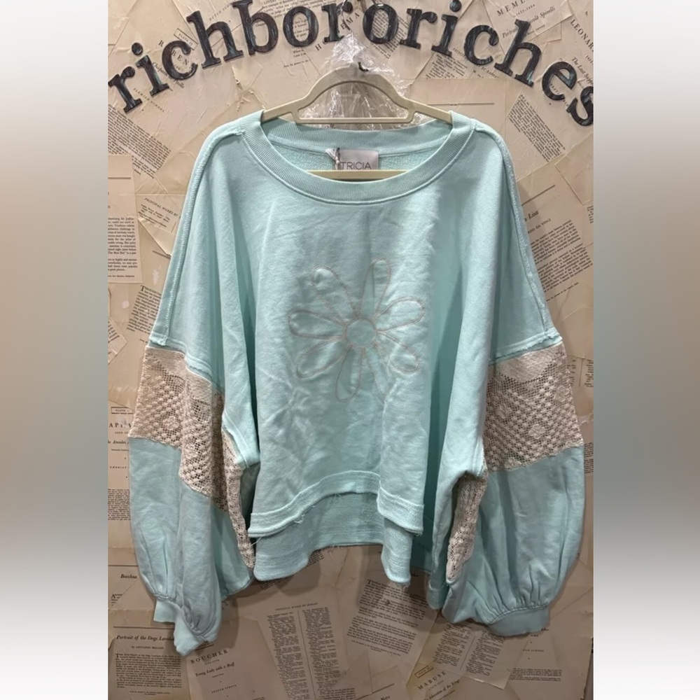 Free People Tricia Fix Chain Stitch Crew Sweatshirt Crochet Kelly Green Daisy - Picture 5 of 7